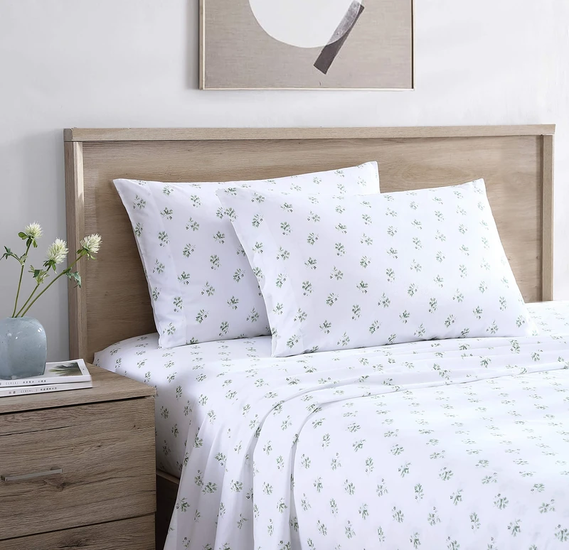 Stone Cottage - King Sheets, Cotton Percale Bedding Set, Crisp & Cool Home Decor (Green Sketchy Ditsy, King)