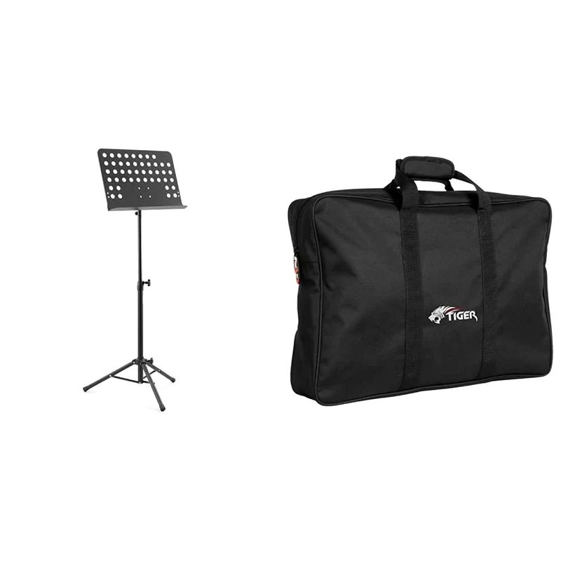 Tiger MUS7-BK Orchestral Music Stand, All Metal Construction Fully Adjustable Sheet Music Stand, Black & Tiger Music Orchestral Music Stand Bag - Heavy Duty Carry Case, Black, MUS84-BK