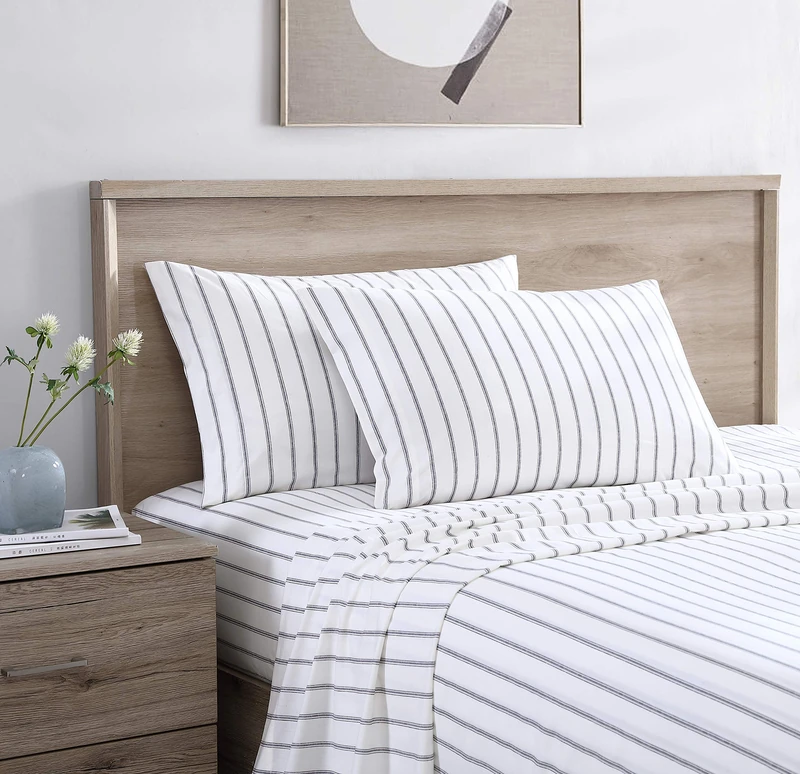 Stone Cottage - Full Sheets, Cotton Percale Bedding Set, Crisp & Cool Home Decor (Trenton Stripe Grey, Full)