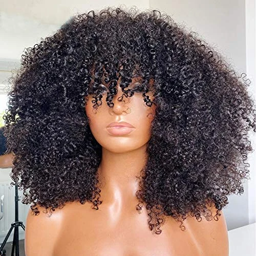 ARUKIHAIR Afro Kinky Curly Wig With Bangs Full Machine Made Scalp Top Wig 200 Density Virgin Brazilian Short Curly Human Hair Wigs Natural Color 16 inch
