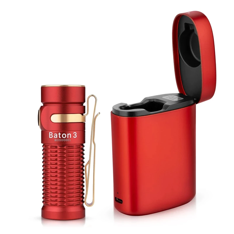 OLIGHT Baton3 Rechargeable LED Flashlight Kit, Powerful Flashlight 1200 Lumens 166 Meters, 6 Modes with Charging Box, IPX8 Waterproof Suitable for Camping, Hiking (Red Premium Edition)