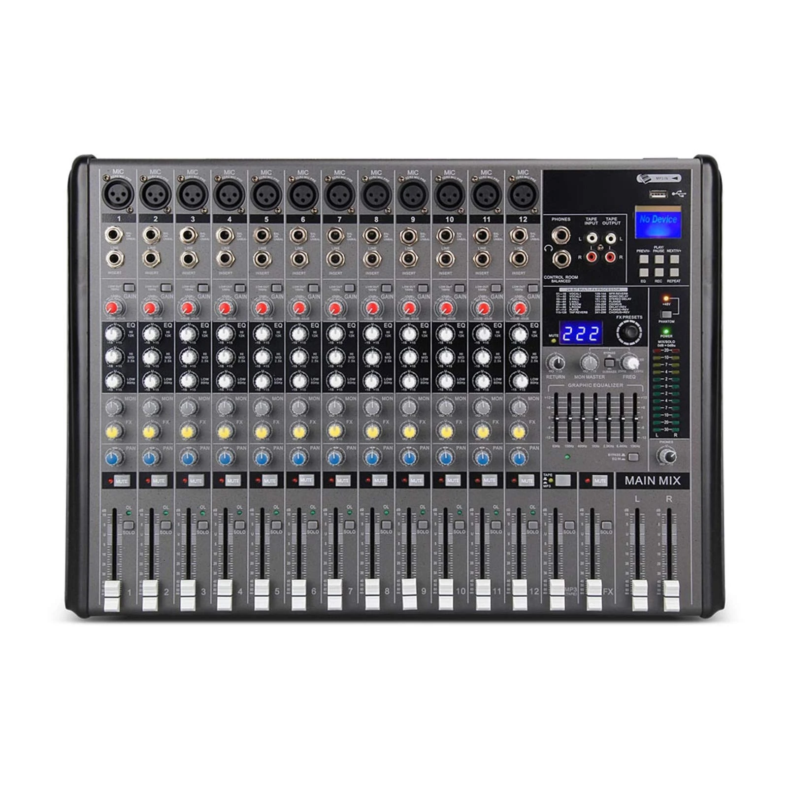 Studio Mixing Desks, Live Mixers 12 Channels Mic Line Audio Mixer Mixing Console USB XLR Input 3-band EQ 48V Phantom Power with Power Adapter