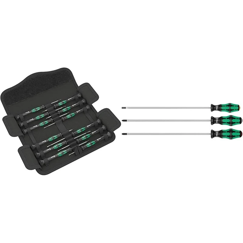 Wera 73675 Kraftform Micro Precision Screwdriver Set, 12 Pieces & 335/350/355/3 Kraftform Plus Extra-Long Screwdriver Set, PH/PZ/SL, 3pc, 05347735002
