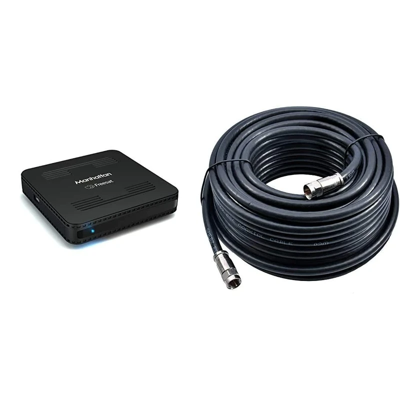 Manhattan SX Freesat HD Box, Black & Smedz 10 m RG6 Satellite TV Coax Cable Extension Kit with Fitted Compression F Connectors for Sky HD, Freesat & Virgin - Black