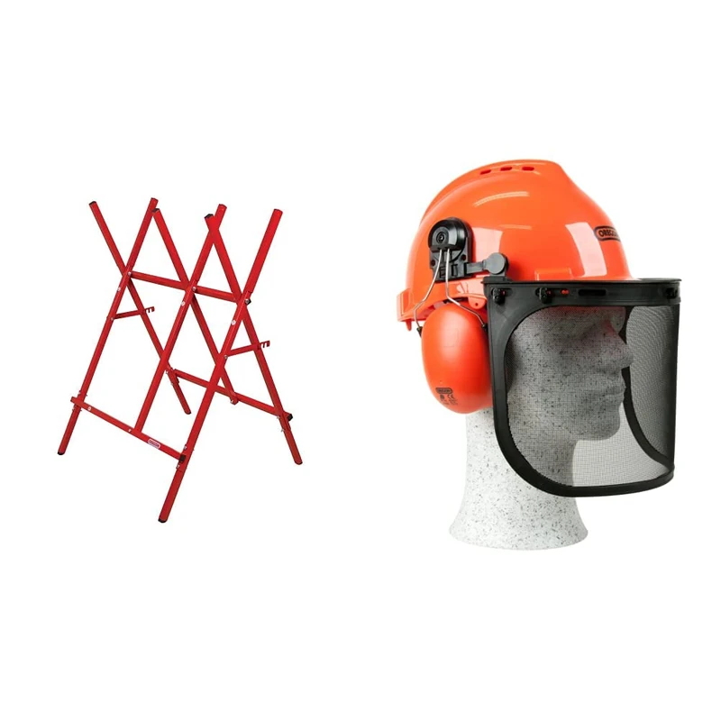 OREGON Steel Log Saw Horse, Foldable and Adjustable, 27 cm Log Capacity (584145) & OREGON Yukon Chainsaw Safety Helmet with Protective Ear Muff and Mesh Visor (562412), Black