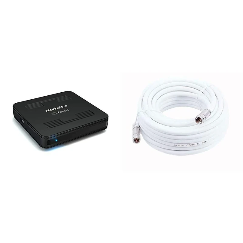 Manhattan SX Freesat HD Box, Black & Smedz 10 m RG6 Satellite TV Coax Cable Extension Kit with Fitted Compression F Connectors for Sky HD, Freesat & Virgin - White