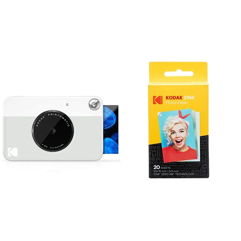 Kodak Printomatic Digital Instant Print Camera - Full Color Prints On ZINK 2 x 3 Inch Sticky-Backed Photo Paper (Grey) Print Memories Instantly & Zink Photo Paper - Pack of 20