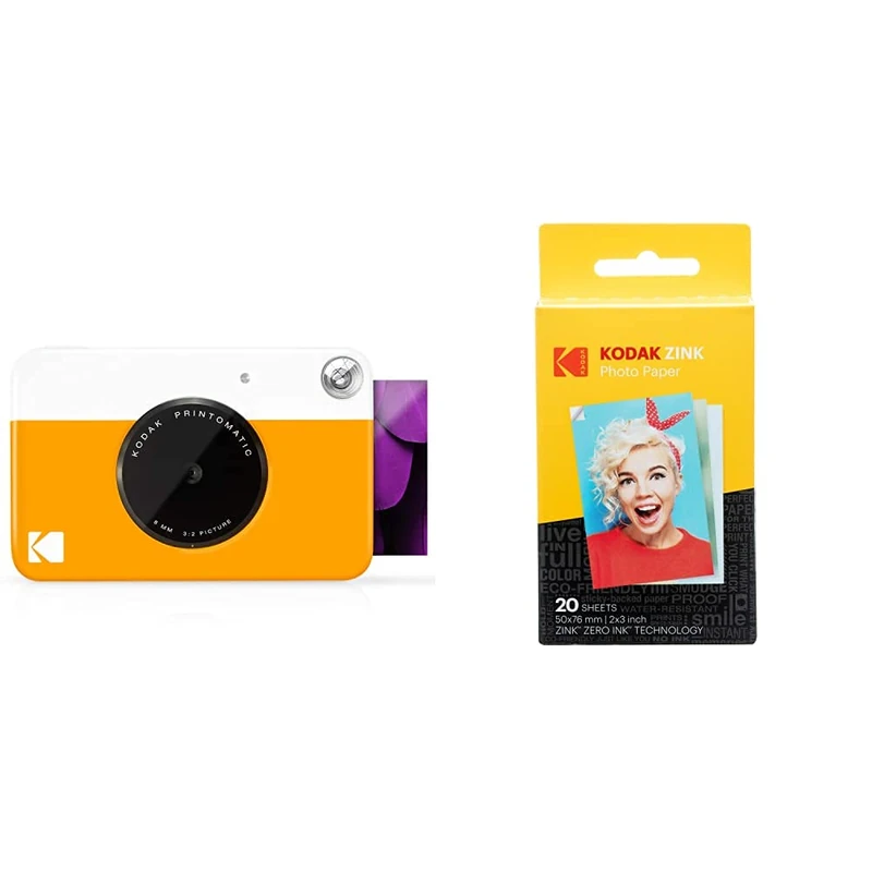 Kodak Printomatic Digital Instant Print Camera - Full Color Prints On ZINK 2 x 3 Inch Sticky-Backed Photo Paper (Yellow) Print Memories Instantly & Zink Photo Paper - Pack of 20