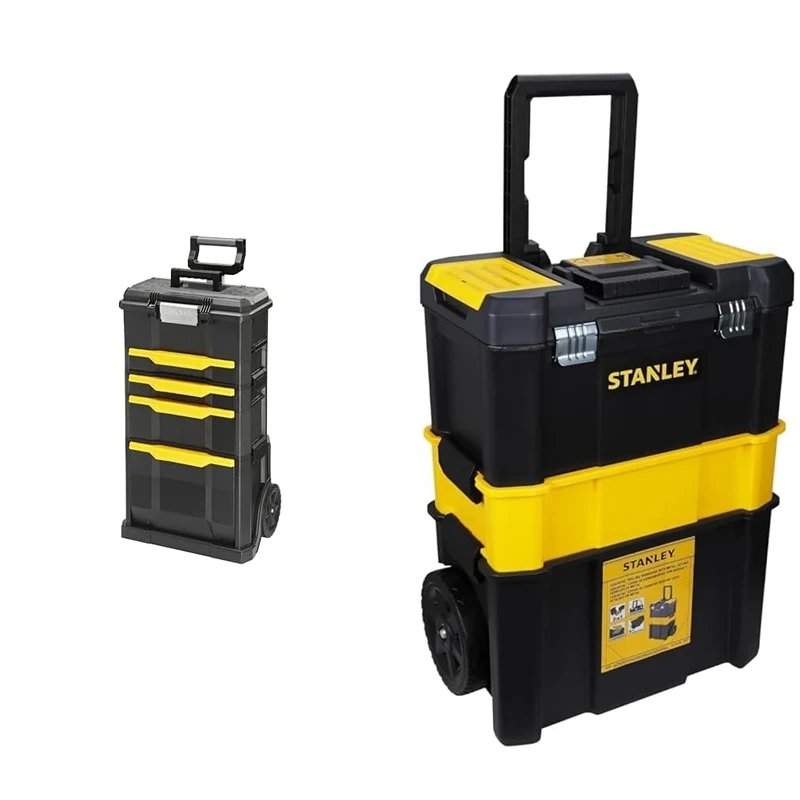 STANLEY Rolling Workshop Toolbox, Detachable Toolbox with Drawers, Flip Bin, Back Pocket, 7" Heavy Duty Wheels, 3 Tier Stackable Units