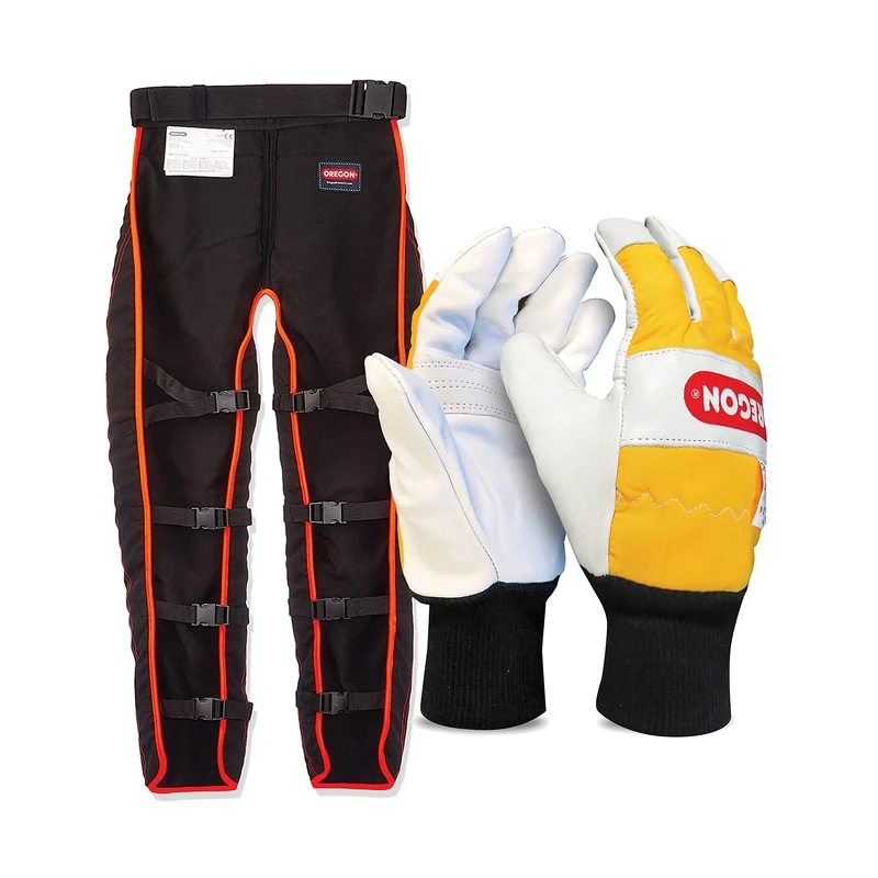 OREGON Chaps with Protective Chainsaw Apron, Adjustable Chainsaw Chaps, One Size Fits All, PPE Clothing Safety Trousers, Black, Type A & Chainsaw Protective Gloves, Leather – Pair (M)