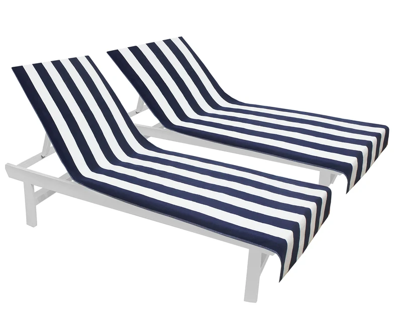 COTTON CRAFT Palm Springs Cabana Stripe Set of 2 Terry Cotton Lounge Chair Covers, 32 inch x 82 inch with 7 inch Flap, Navy Blue and White - Image 1