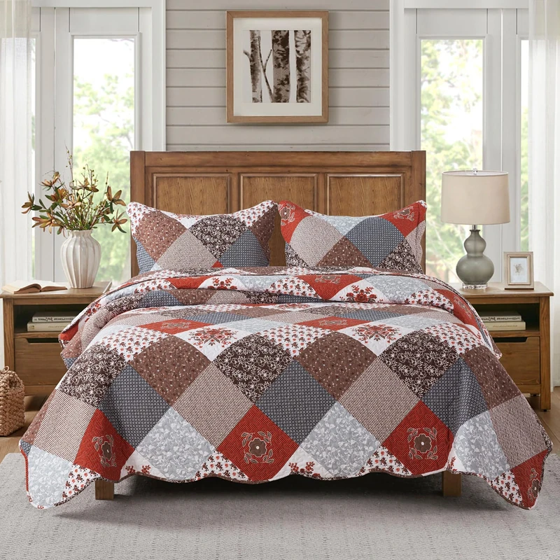 HoneiLife Quilt Set Queen Size - 3 Piece Microfibre Bedspread Reversible Coverlet Patchwork Bedding Set Lightweight Bedcover Floral Bedspreads All Season Quilts-Amaranth Red