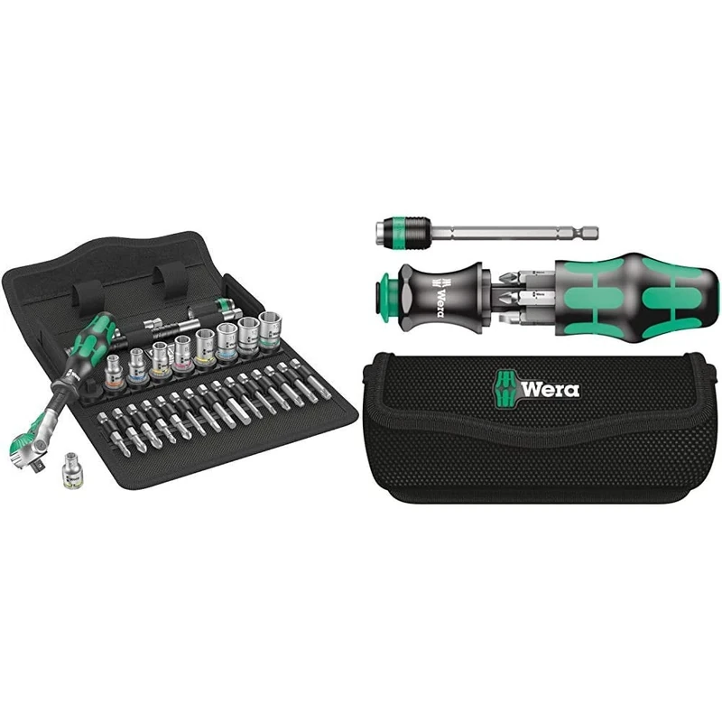 Wera 8100 SA 6 Zyklop Speed Ratchet Set, 1/4" Drive, Metric, Silver, 28 Pieces - 05004016001 & Compact Tool Set Kraftform 20" with Pouch, SL/PH/PZ, 7 Pieces