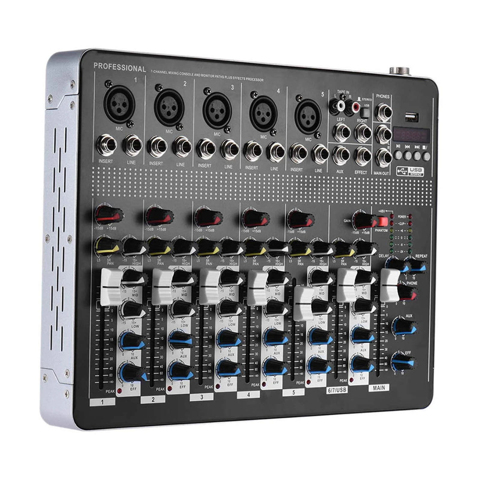 Studio Mixing Desks, Live Mixers Professional 7-Channel Mic Line Audio Mixer Mixing Console with 3-band EQ 48V Phantom Power USB Interface