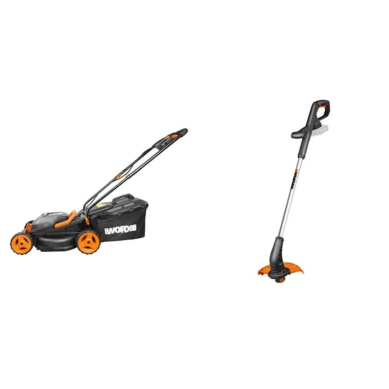 WORX WG779E.2 36V (40V MAX) Cordless 34cm Lawn Mower (Dual battery x2 20V Batteries) & WG157E.9 18V (20V MAX) 2.0Ah Cordless 25cm Grass Trimmer-Body ONLY, 20 V, Black
