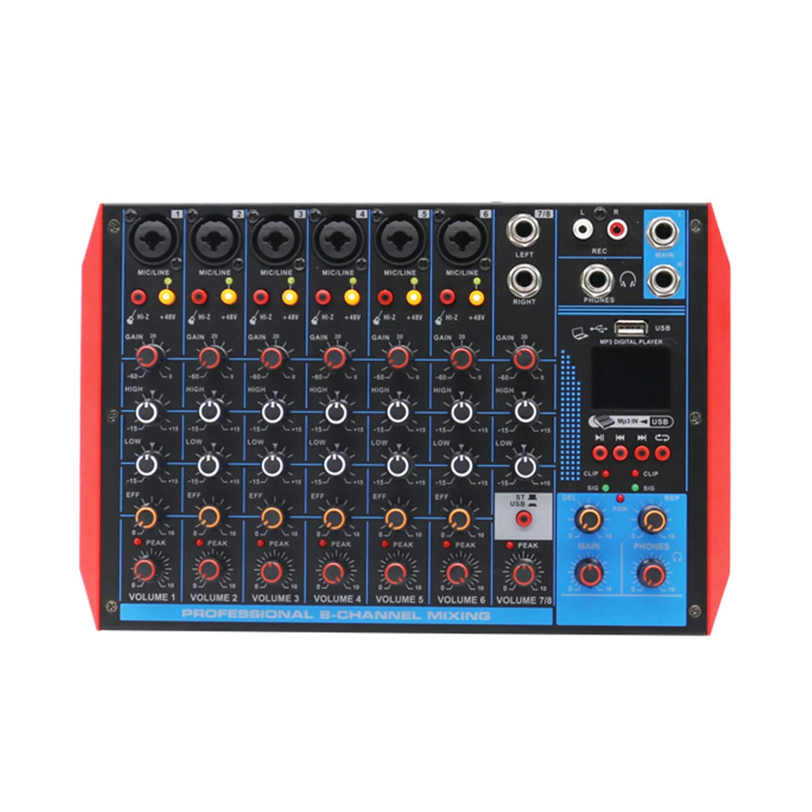 Studio Mixing Desks, Portable 8-Channel Console Digital Audio Mixer +48V Phantom Power Supports BT/USB/MP3 Connection for Music Recording DJ Network Live Broadcast