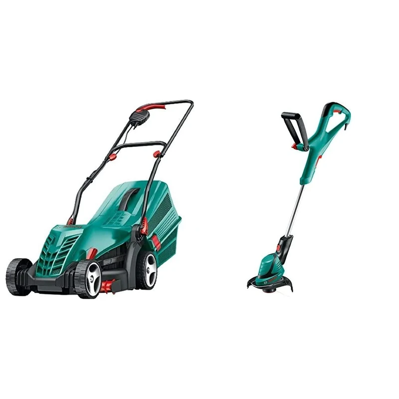 Bosch Rotak 34R Electric Lawnmower (1300 W, Cutting width: 34 cm, In carton packaging) & Bosch 06008A5870 ART 24 Electric Grass Trimmer, Cutting Diameter 24 cm