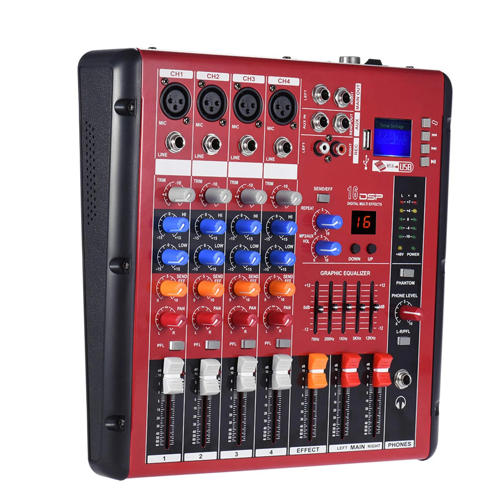 Studio Mixing Desks, Digital 4-Channel Mic Line Audio Mixer Mixing Console 2-band EQ with 48V Phantom Power USB Interface for Recording DJ Stage Karaoke Music Appreciation