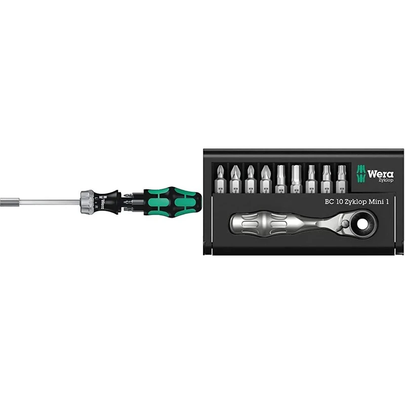 Wera Kraftform Kompakt 27 RA 1 SB Ratcheting Screwdriver & Bits, PH/PZ/SL, 7pc, 05073660001 & 05073645001 Ratchet Set Kraftform Kompakt Zyklop Mini 1, Silver