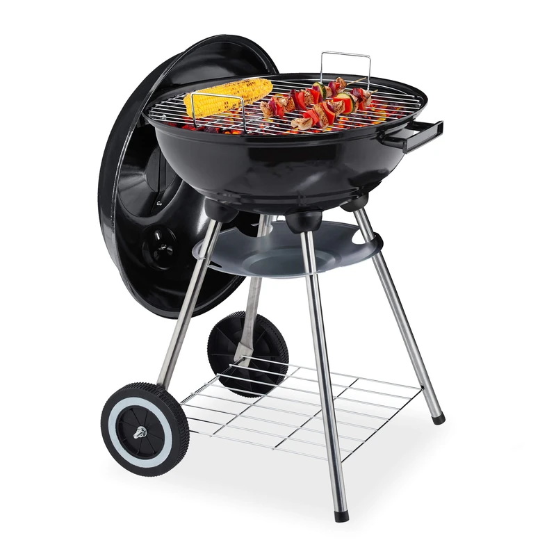 Relaxdays Steel Barbecue, with Lid & Shelf, Portable on Wheels, Garden & Camping, Grill ∅ 40 cm, Charcoal & Wood, Black