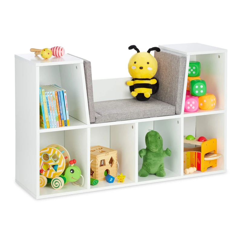 Relaxdays Bookcase, with Seat Cushion, Book Shelf with 6 Compartments, 63x103x30 cm, Bench for Children's Room, White