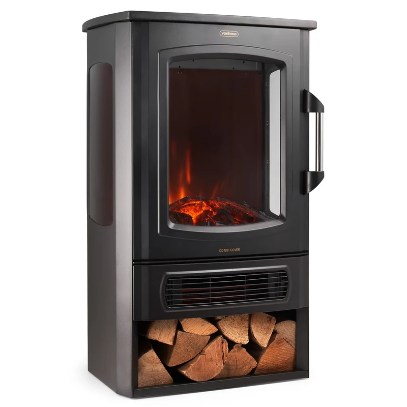 VonHaus 3-Sided Electric Fireplace - 2000W LED Flame, Log Storage