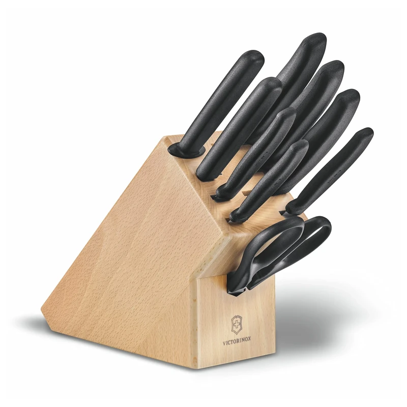 VICTORINOX Swiss Classic Wooden Knife Block, 9 Piece Set with 8 Knives and 1 Pair of Multi-Purpose Scissors, Storage, Light Beech Wood