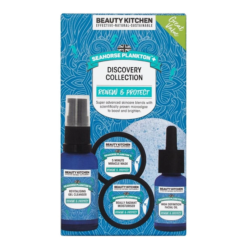 Beauty Kitchen - Seahorse Plankton + Discovery Collection - Hydrating Moisturiser, Cleanser, Mask, Oil & Sponge - For Fine Lines, Wrinkes & Uneven Skin Tone - Vegan/Cruelty Free - Image 1
