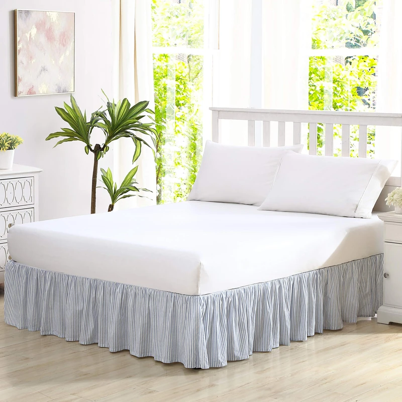 Laura Ashley Queen Cotton Ruffled Bedskirt - Blue Pinstripe - Image 1