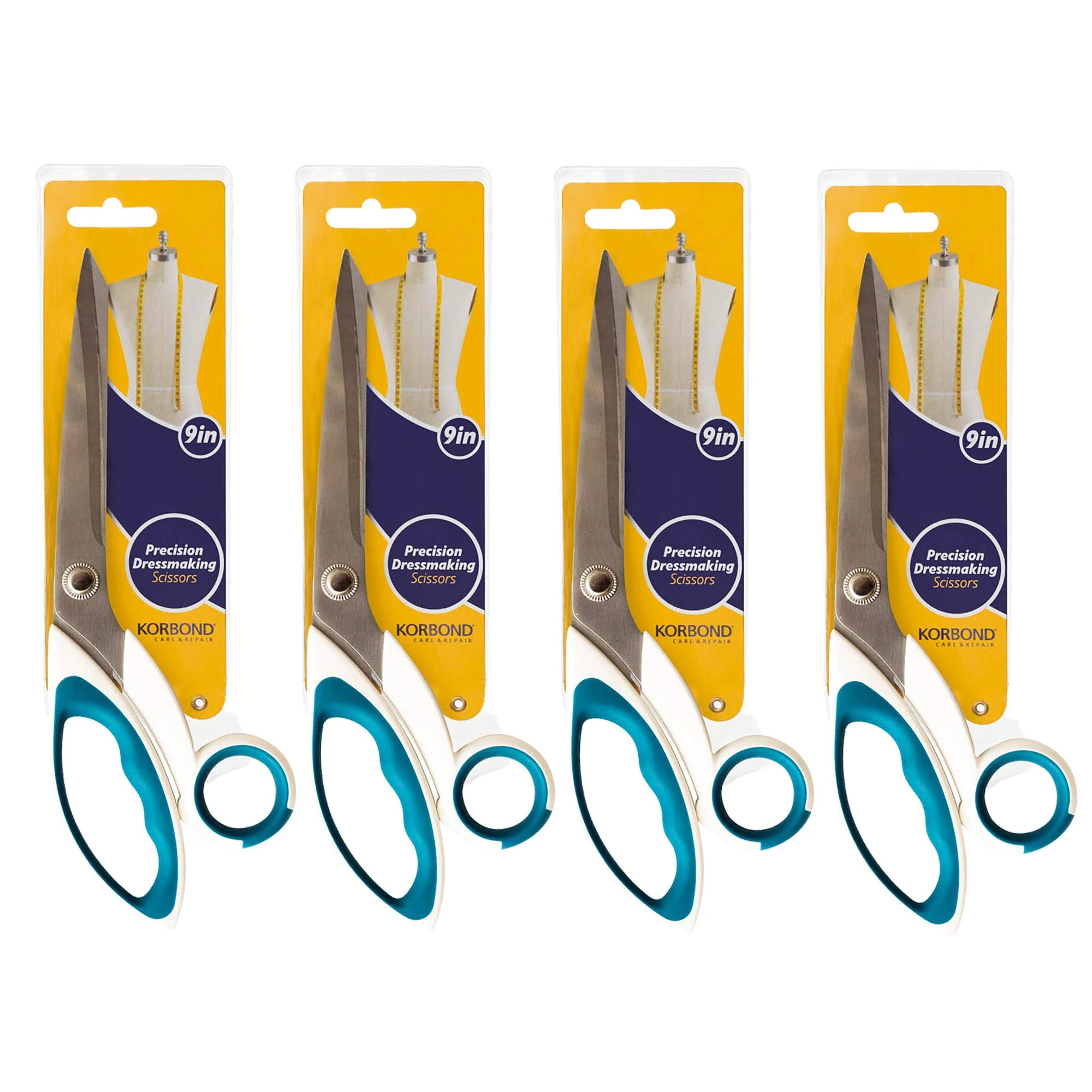 Korbond Precision Dressmaking 9 inch- Pack of 4 – Soft Grip Professional, Household, Fabric, Paper Scissors. Ambidextrous – for Right & Left Handed, Blue