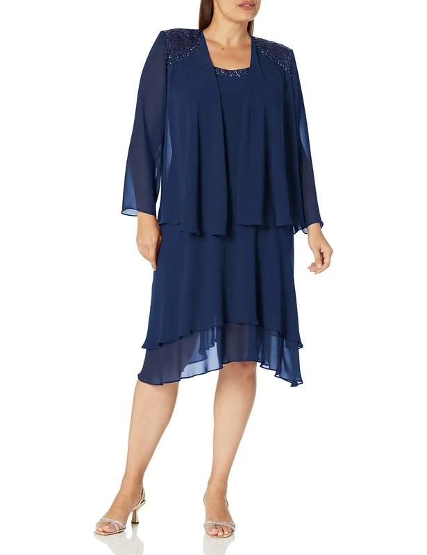 S.L. Fashions Women's Embellished Chiffon Tiered Jacket Dress, Navy Petite, 8P