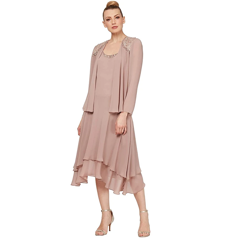 S.L. Fashions Women's Embellished Chiffon Tiered Jacket Dress, Cashmere Petite, 12P