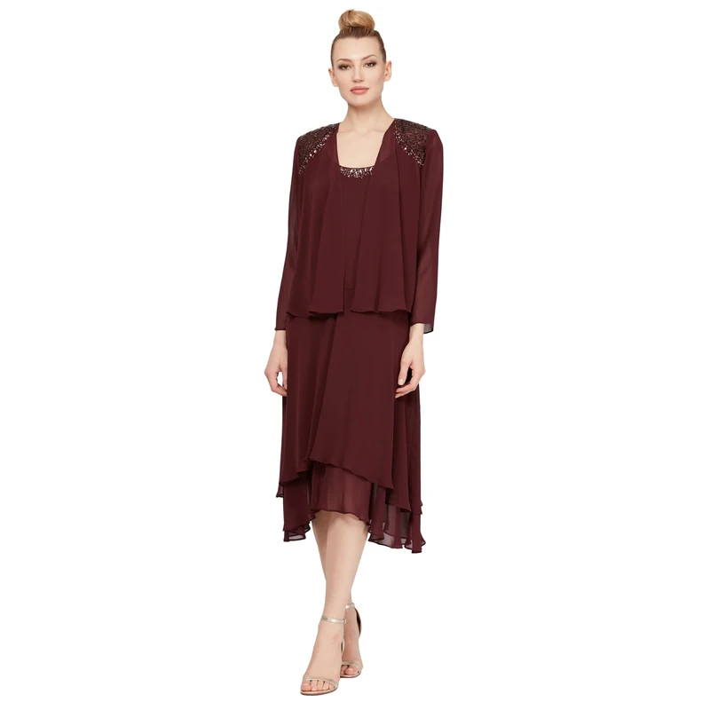 S.L. Fashions Women's Embellished Chiffon Tiered Jacket Dress, Fig Petite, 12P