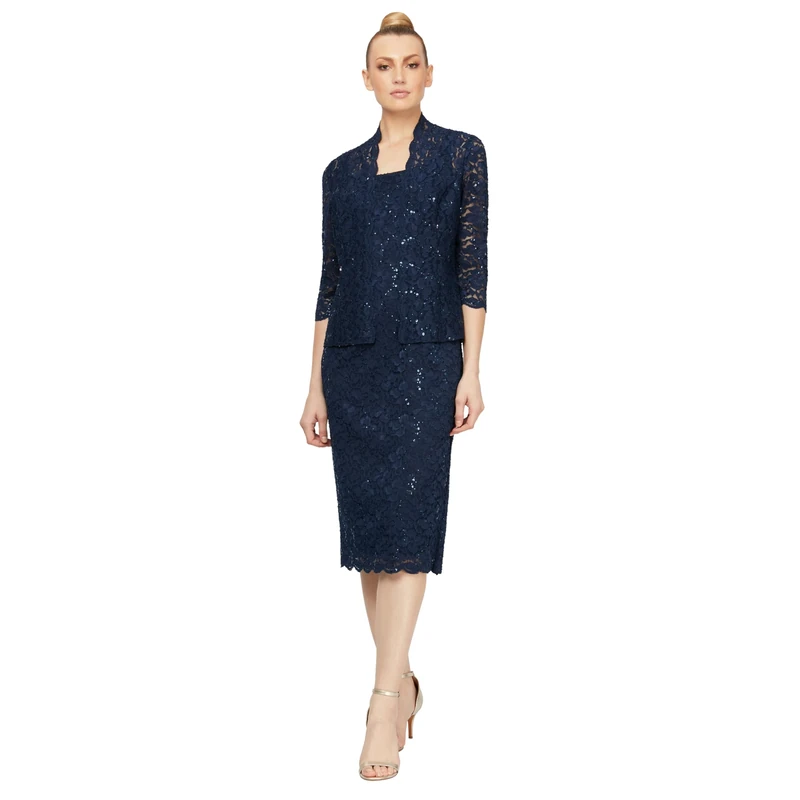 S.L. Fashions Women's Tea Length Sequin Lace Dress with Illusion Sleeve Jacket, Navy, 16