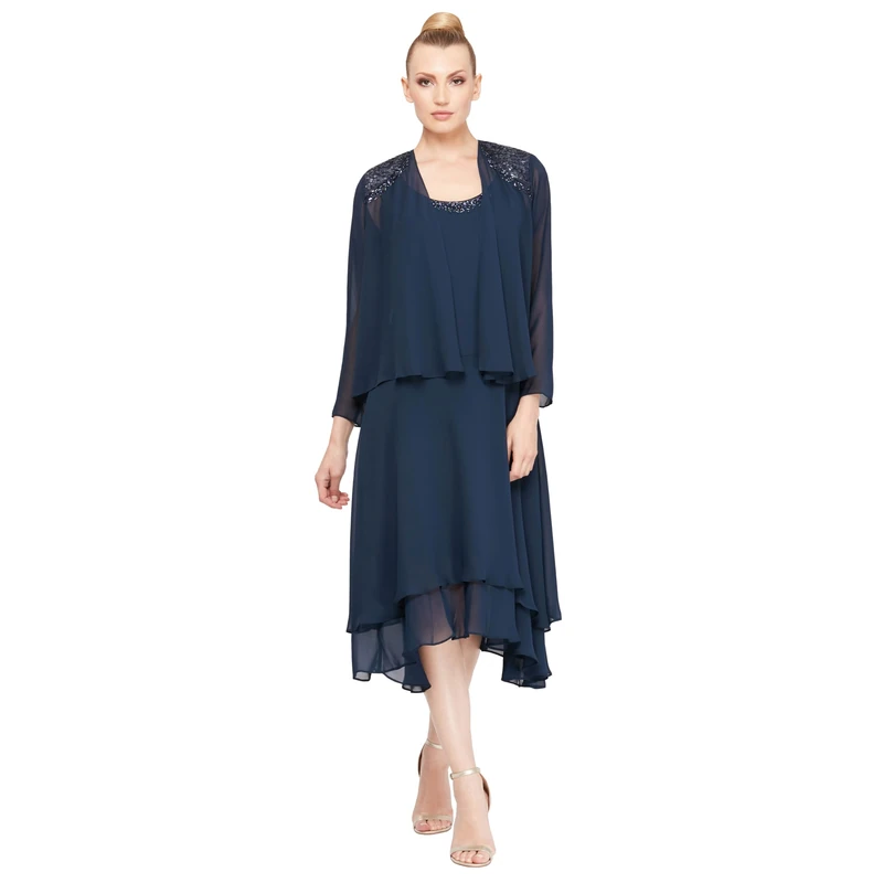 S.L. Fashions Women's Embellished Shoulder and Neck Jacket Dress Special Occasion, Navy, 14 Petite