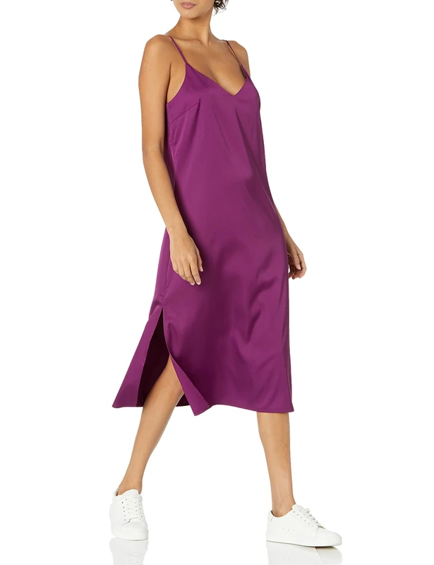 The Drop Women's Ana Silky V-neck Midi Slip Dress, Grape Juice, S