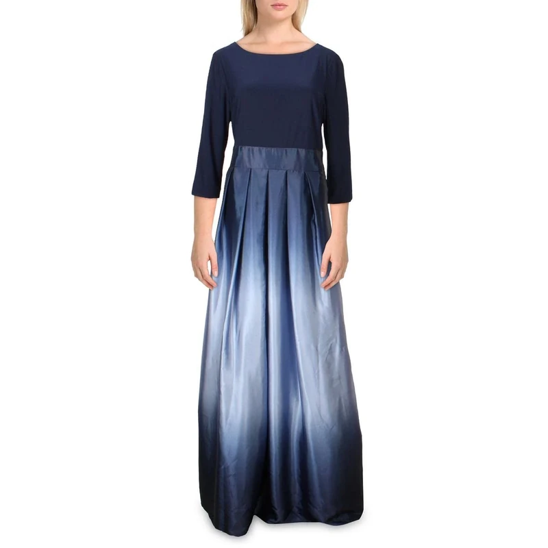 S.L. Fashions Women's Long Satin Party Dress 3/4 Sleeve and Sleeveless has Pockets, Navy and Wedgewood, 8
