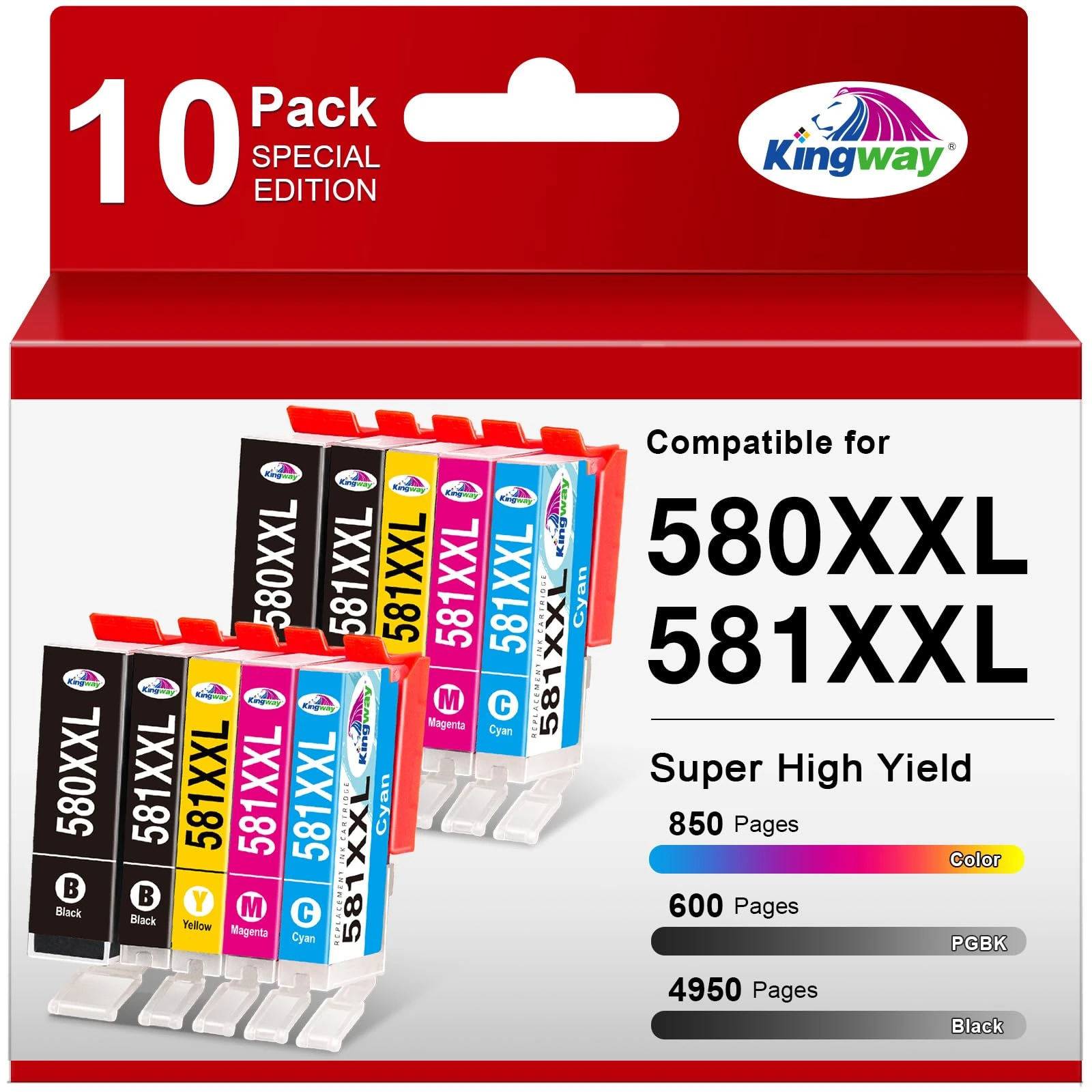 KINGWAY 580XXL 581XXL Ink Cartridges for Canon 580 & 581 Ink Cartridges for Canon Pixma TS705 TR8550 TR7550 TS6150 TS6151 TS6250 TS6251 TS6350 TS8350 TS8351 TS9550 TS8352, 10 Pack