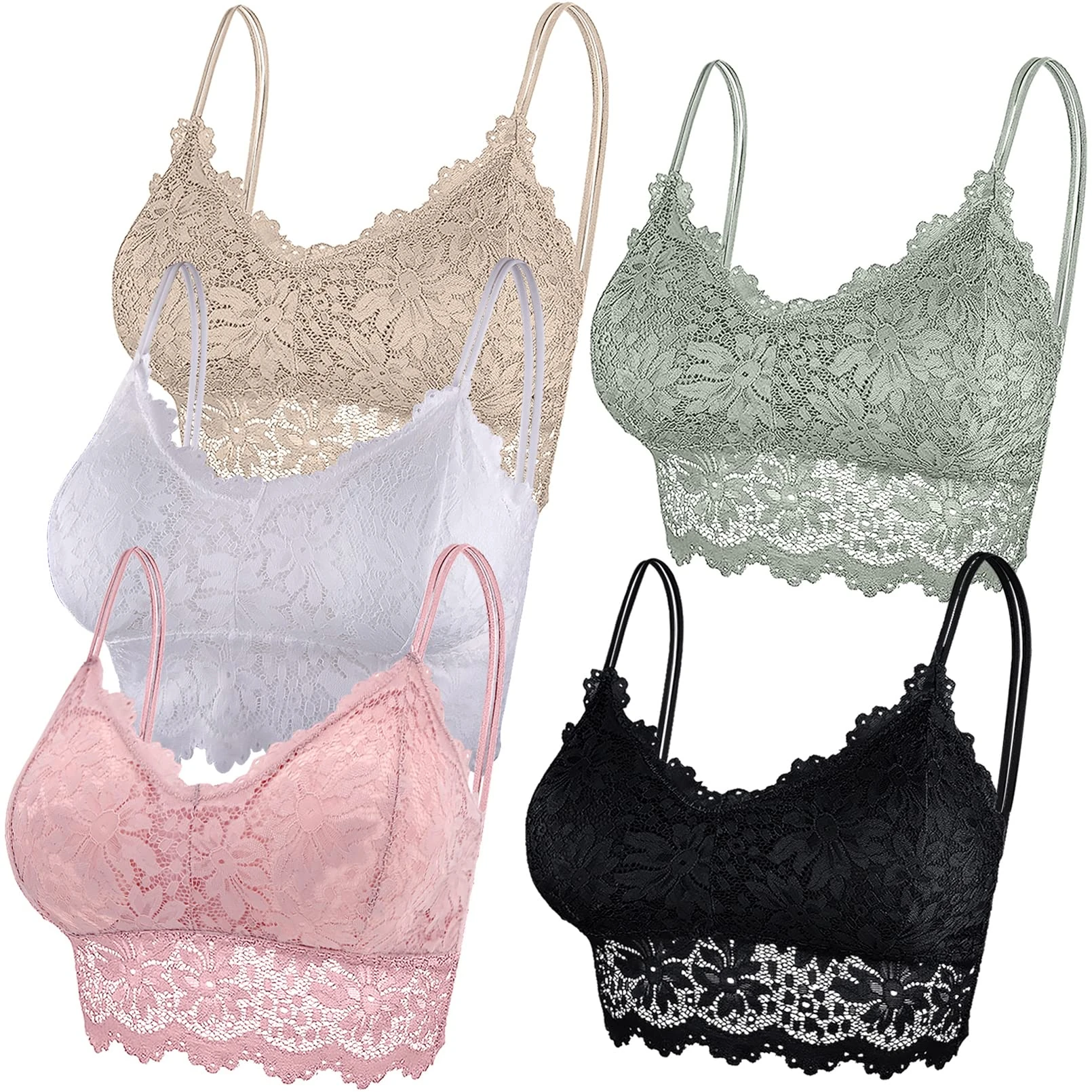 Duufin 5 Pcs Lace Bralette Padded Lace Bandeau Bra (Pink, White, Black, Khaki, Olive, Small-Medium)