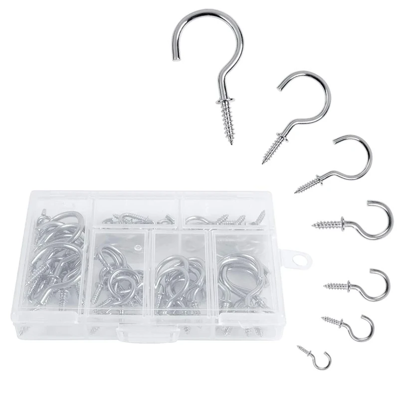 OWUDE 60PCS Screw Hooks, Cup Hooks Heavy Duty, Small Hanging Hooks, Drop Ceiling Hooks Screw for Hanging Plants, Cups, Kitchen Cabinet Shelf, 7 Sizes (Silver)