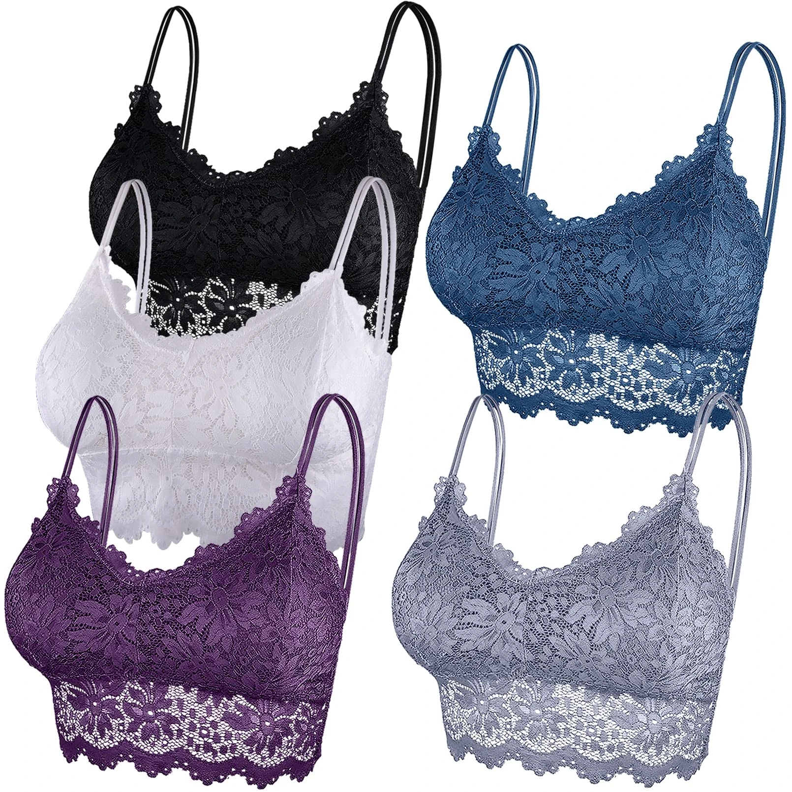 Duufin 5 Pieces Lace Bralette for Women Padded Bralettes Lace Bandeau Bra with Straps and Removable Pads, S-M