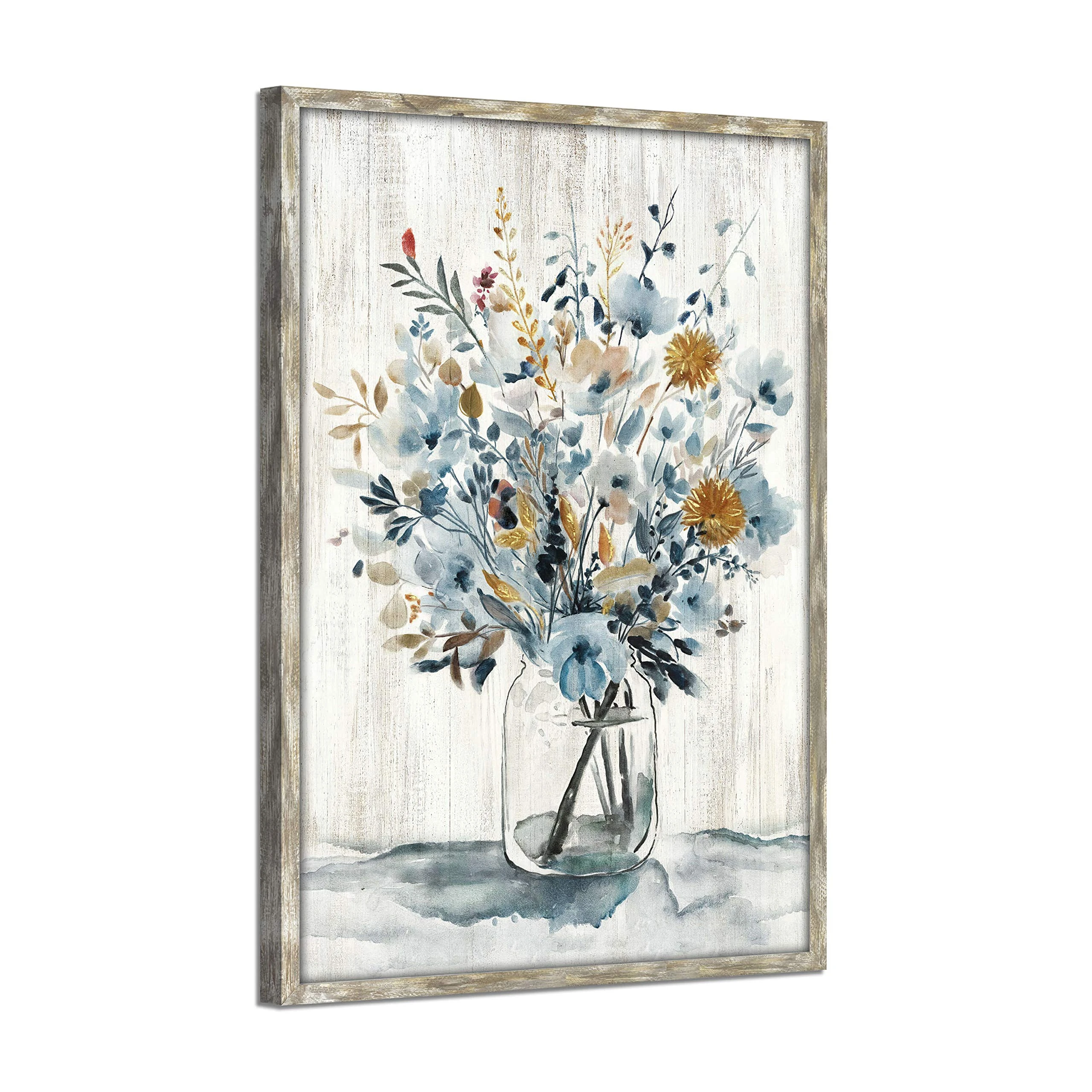 Flower Bouquet Wooden Wall Art: Gray Blue Floral Bouquet in Jar Painting with Gold Foil Artwork Framed for Bedroom (24”W x 36”H, Multi-Sized)