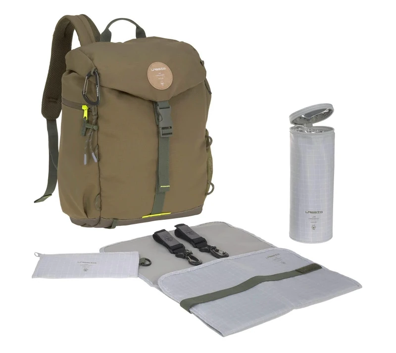 LÄSSIG Baby Changing Backpack with Changing Mat, Pram Attachment, Bottle Warmer, Water-Repellent, Sustainable, Outdoor Backpack, Olive