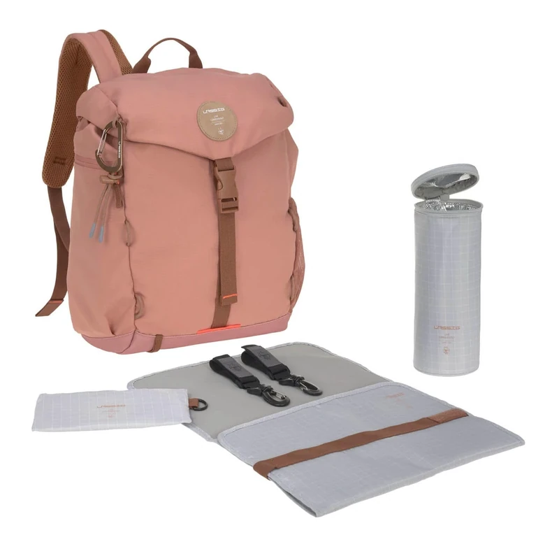 LÄSSIG Baby Changing Backpack with Changing Mat, Pram Attachment, Bottle Warmer, Water-Repellent, Sustainable, Outdoor Backpack, Rust