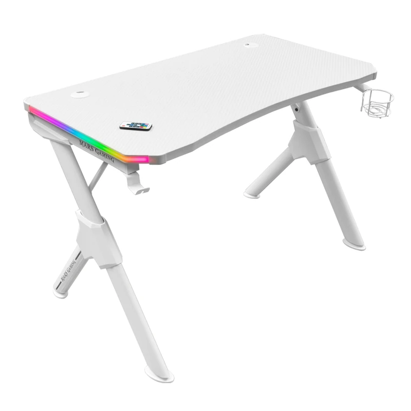 Mars Gaming MGDRGBW, RGB Gaming Desk, Headphone and Bottle Holder, 110x60cm, White