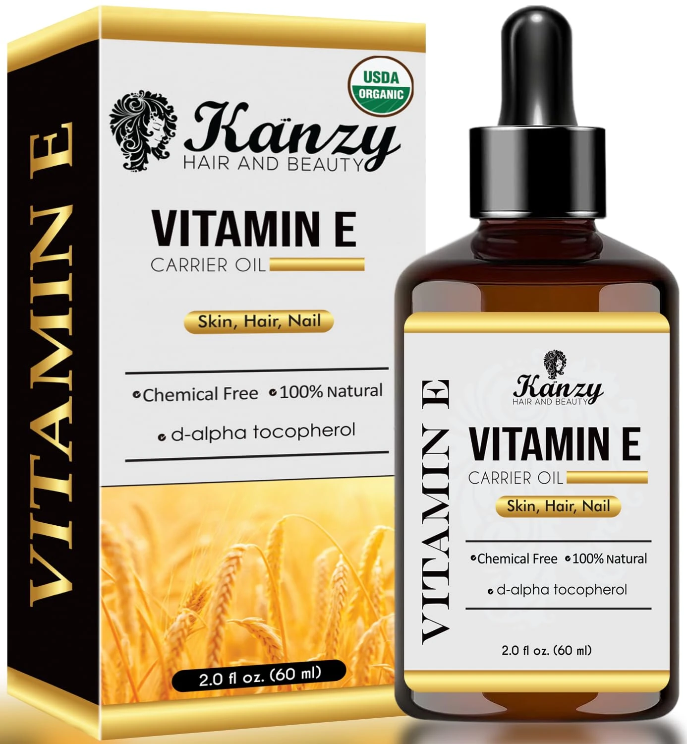 Kanzy Vitamin E Oil for Face & Skin 100% Naturally Sourced Plant-Based Organic Pure Vitamin E Oil for Hair d-Alpha-tocopherol Body Oil for Women & Men, Strengthens & Moisturizes Nails 60ml
