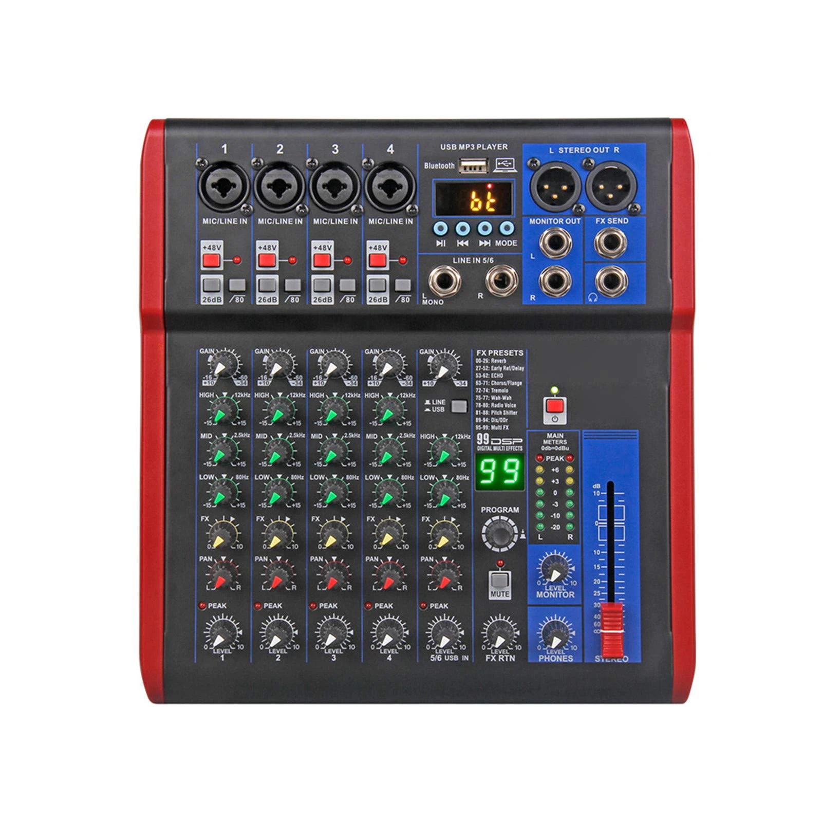 AFYH Live Mixers, Studio Mixing Desks 6 Channel DJ Controller with 99DSP Reverb effect Bluetooth 5.0 USB Mixer for karaoke PC recording condenser mic DJ Mixer