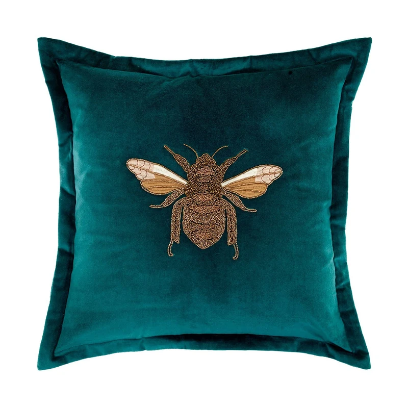 Voyage Maison Layla Feather Filled Cushion – Velvet Embroidered Bee Gold Oxford Edge Ikon Luxury Décor (Teal - 50x50cm)