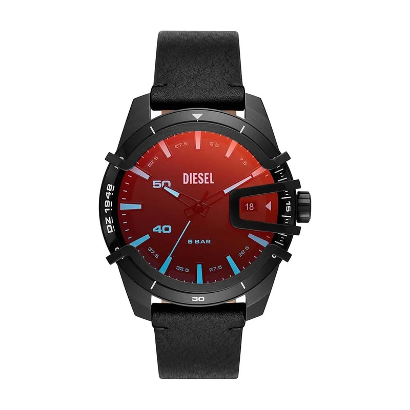 Diesel Watch for Men Caged, Three Hand Date Movement, 46 mm Black Stainless Steel Case with a Leather Strap, DZ1948
