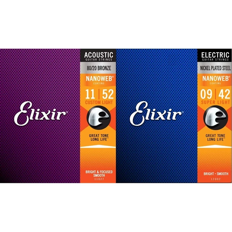 Elixir 11027 Strings 80/20 Bronze Acoustic Guitar Strings w NANOWEB Coating, Custom Light (.011-.052) & 12002 Strings Electric Guitar Strings w NANOWEB Coating, Super Light (.009-.042)